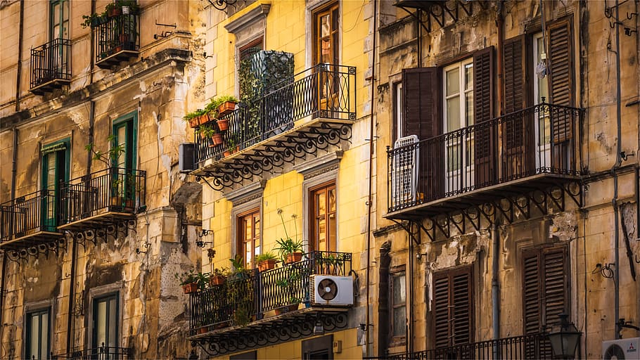 house facade, balconies, shutters, ailing charm, architecture, window, street view, palermo, air conditioning, refrigeration producer