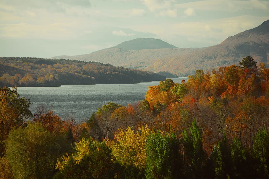 lake, water, nature, outdoors, landscape, autumn, colors, trees, forest, mountains