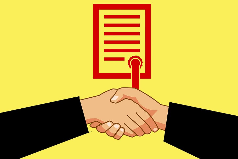 illustration, contract agreement, handshake., certificate, paper, person, achievement, agreement, award, business