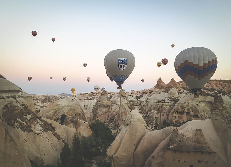 hot air balloons, Cappadocia, Turkey, rocks, cliffs, valleys, balloon, hot air balloon, air vehicle, sky