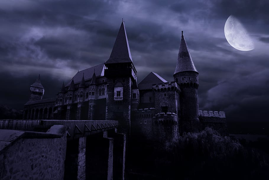 night, moon, moonlight, architecture, castle, towers, cloud - sky, sky, built structure, building exterior
