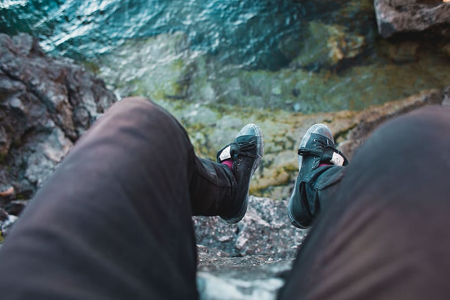 feet, hanging, edge, rock, blue, sea water, background, adventure, boots, clouds