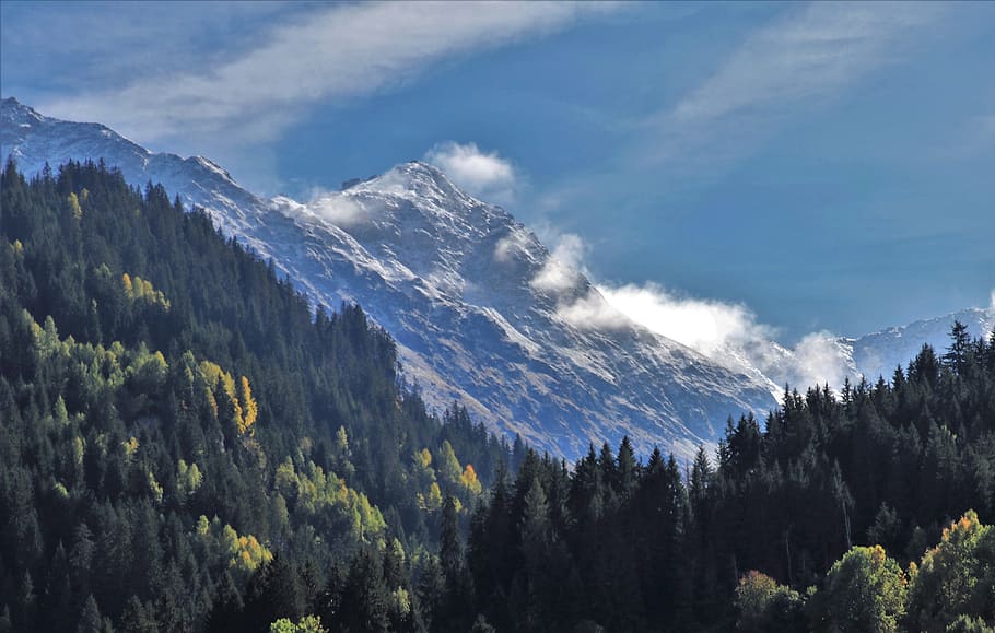 mountains, first snow, the height of the, forest, landscape, switzerland, alpine, blue, autumn, sky