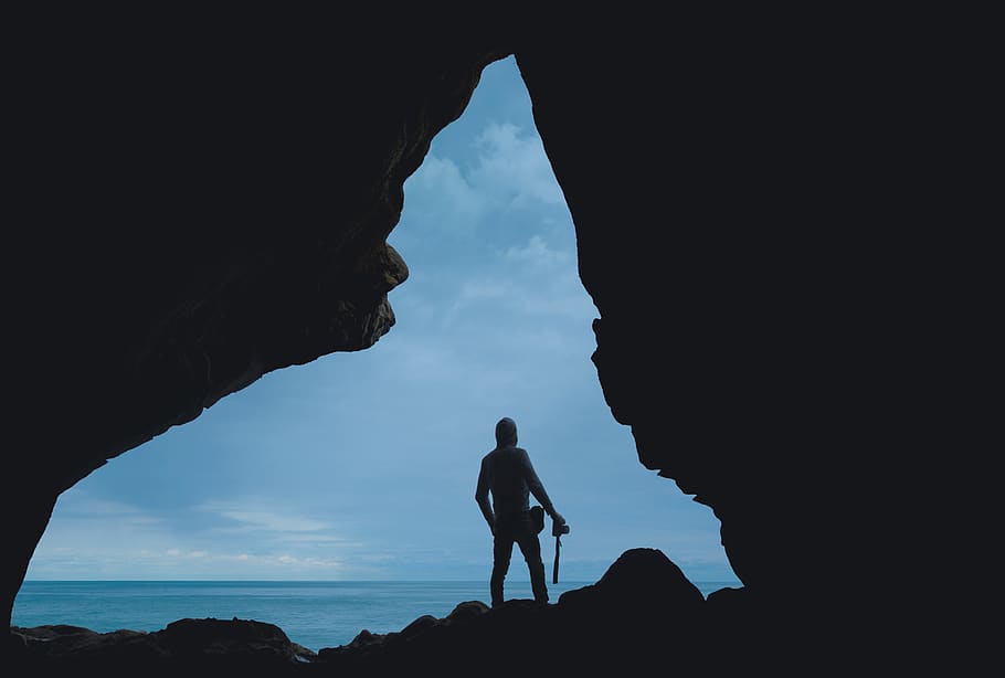 people, man, travel, adventure, camera, alone, shadow, cave, blue, water