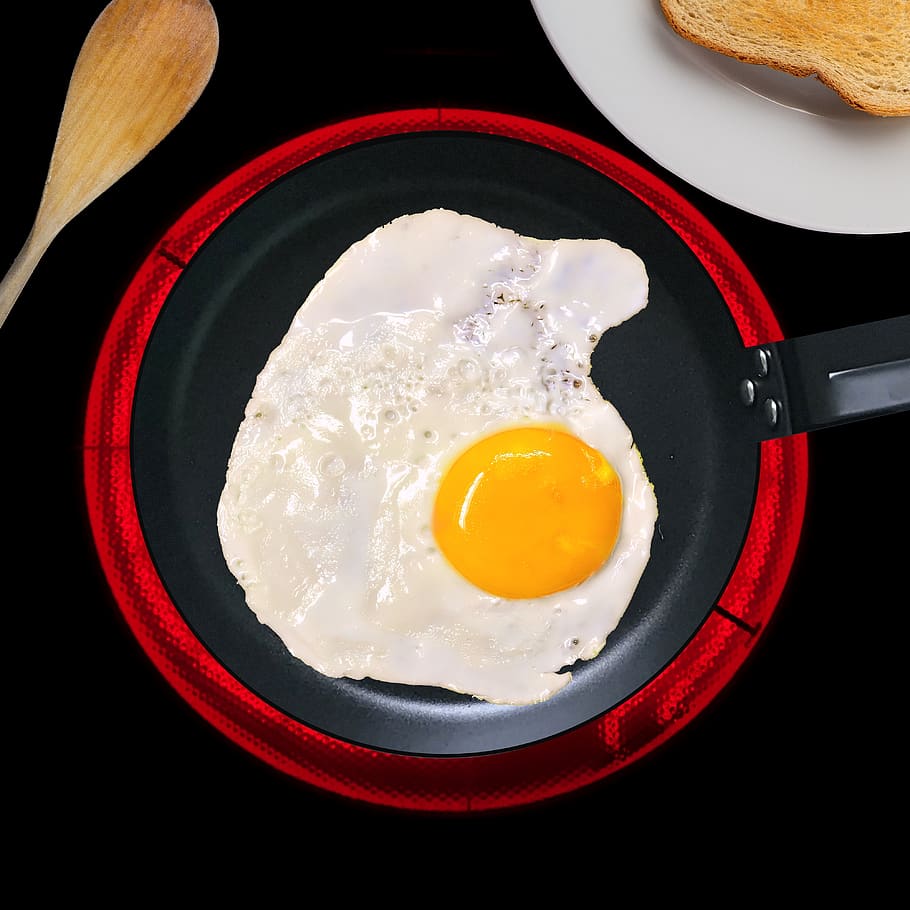 fried egg, egg yolk, frying pan, baking sheet, hob, kitchen, halogen, induction, electric cooking, breakfast