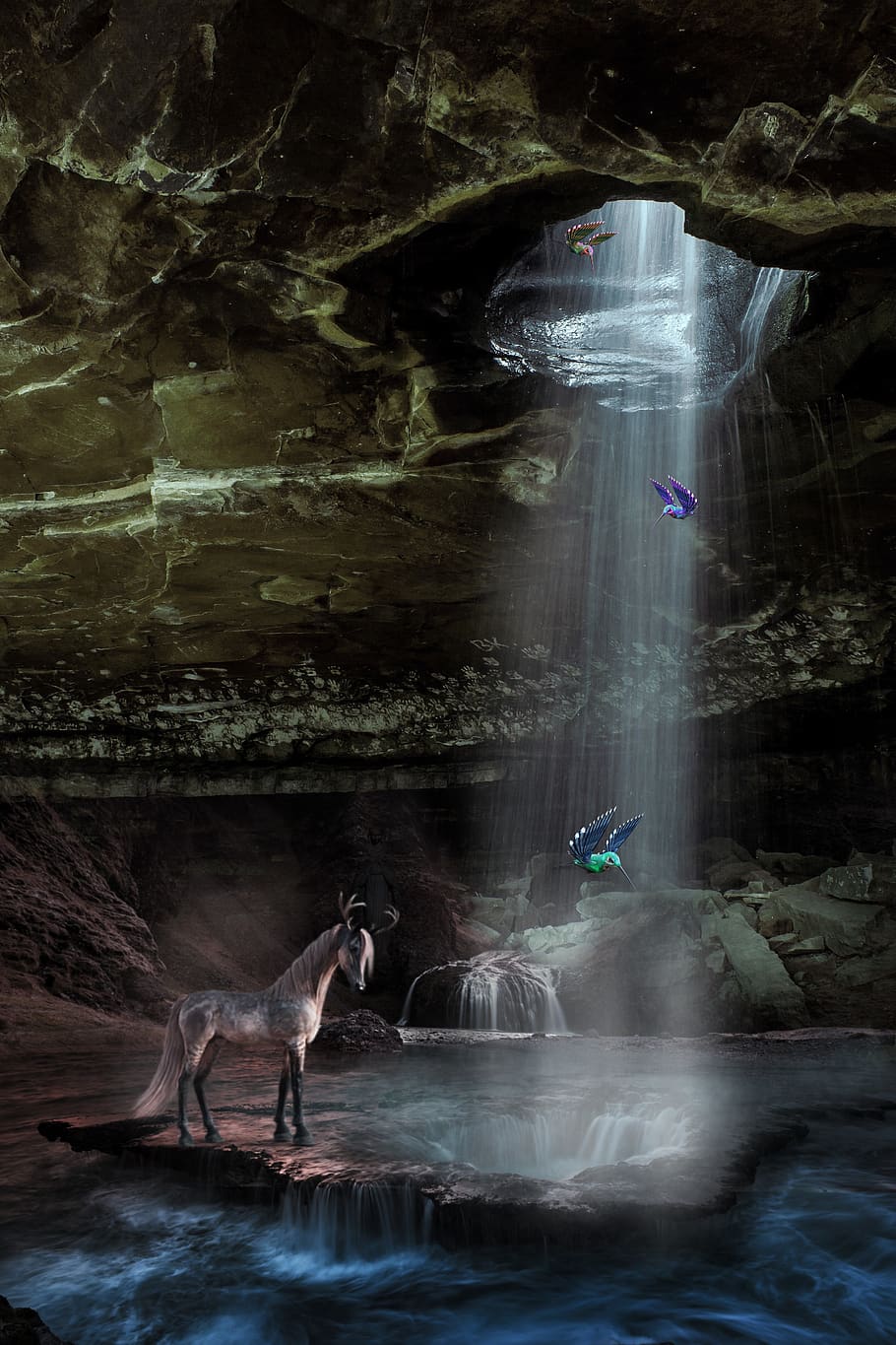 unicorn, waters, nature, waterfall, darkness, wet, light, rock, river, cave