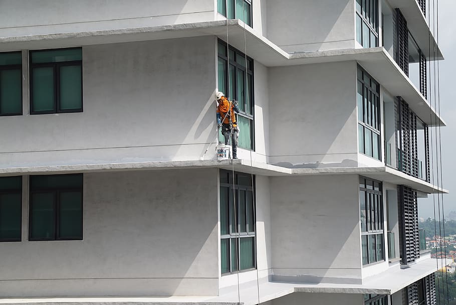 building maintenance, job in the air, safety first, painting facade, brave workers, skyscraper homes, built structure, architecture, building exterior, building