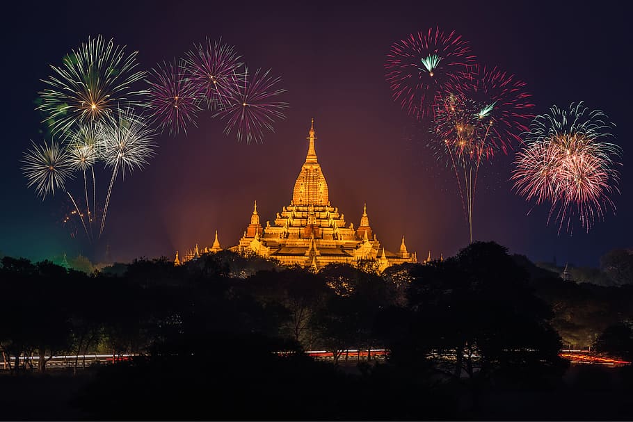 fireworks in asia, various, asia, place of worship, architecture, arts culture and entertainment, event, religion, night, landscape
