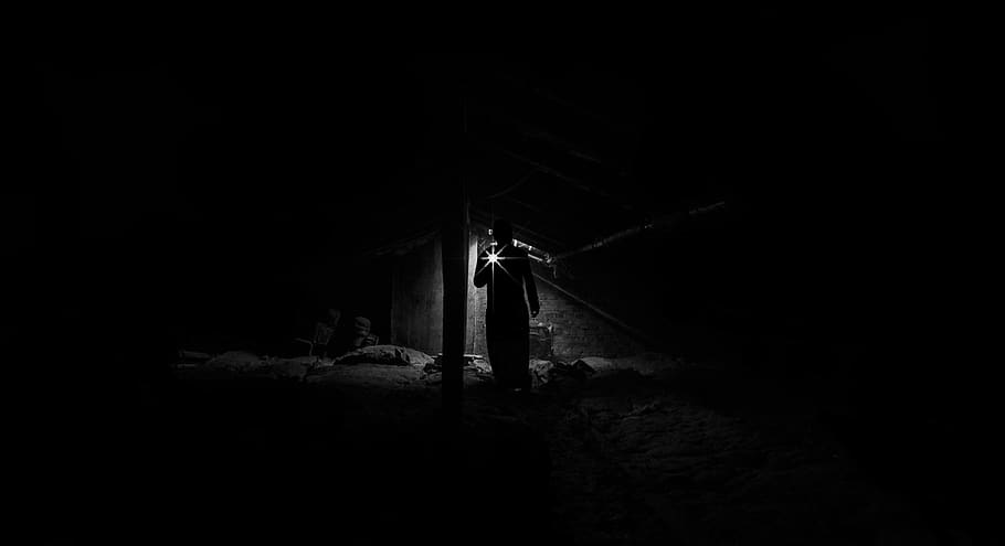 people, man, alone, attic, roof, dark, dirty, dust, old, black and white