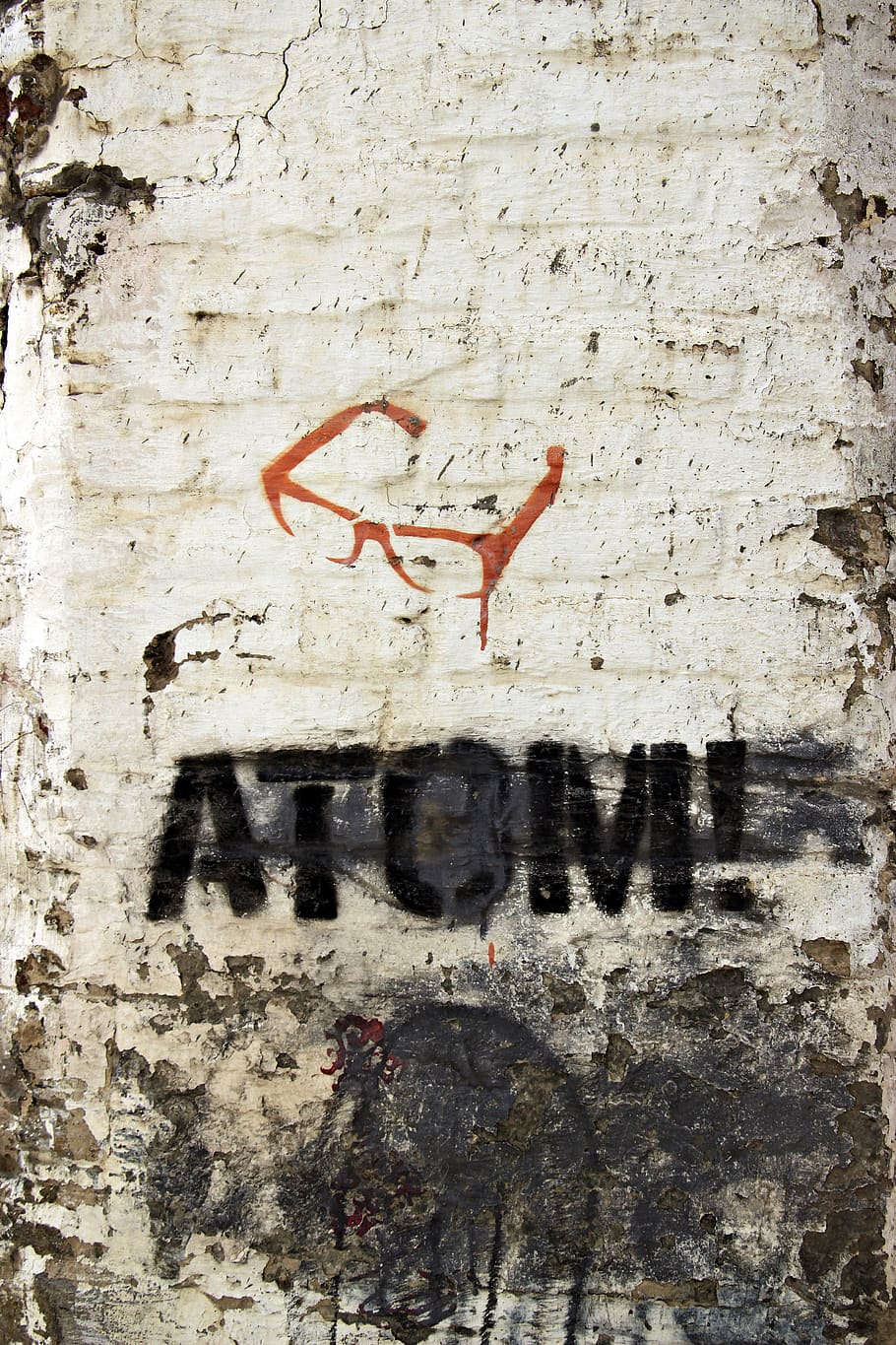graffiti, stencil, atom, pochoir, lettering, font, text, design, message, embassy