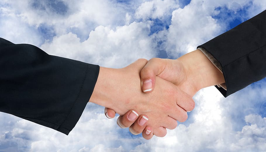 handshake, shaking hands, clouds, cooperation, negotiation, business, teamwork, contract, hands, together