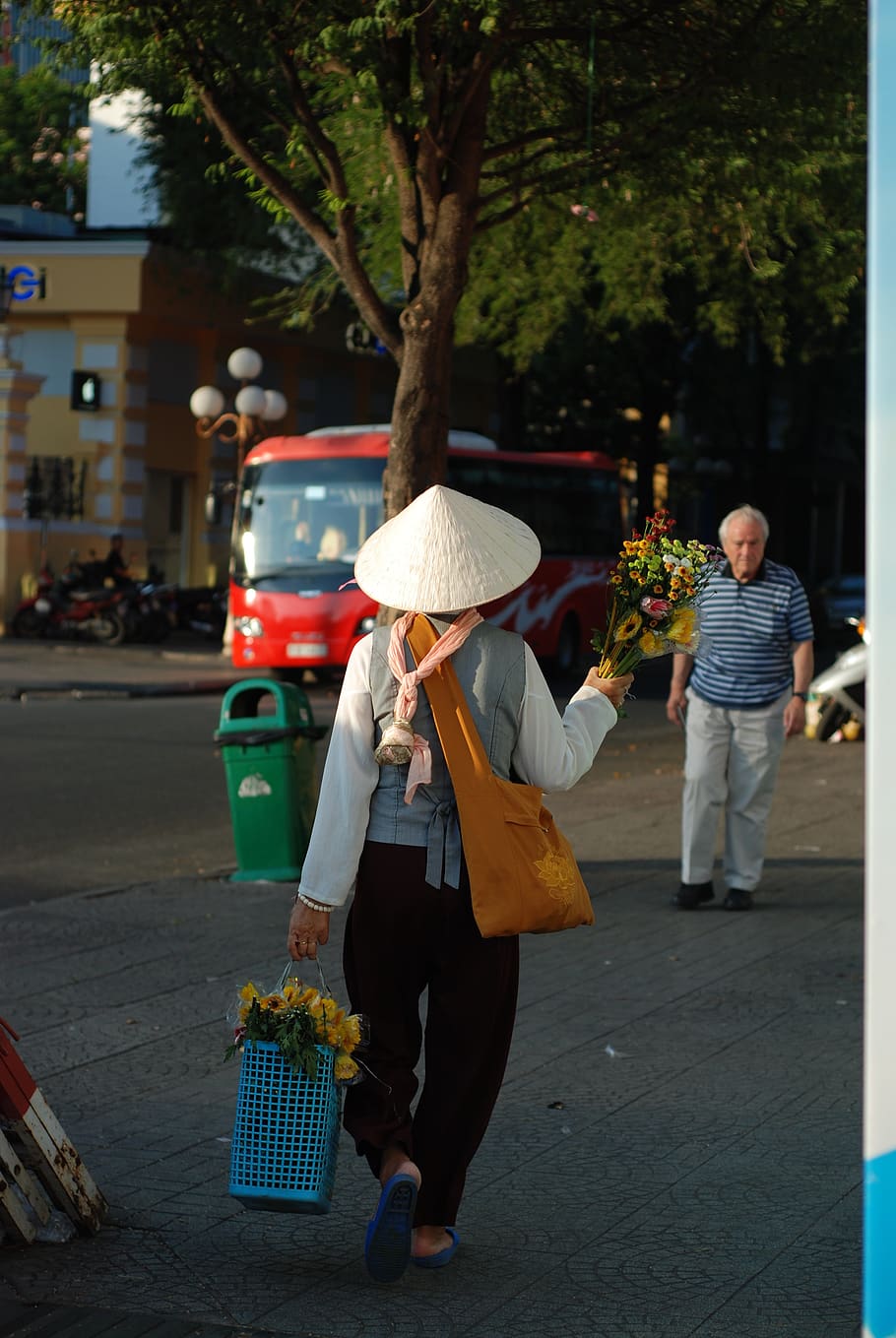 people, street, female, vietnam, sunny, city, hat, basket, real people, container
