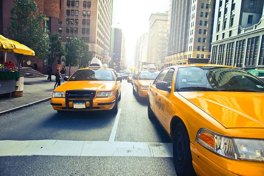new york, kuning, taksi, jalan, kota, gedung, mobil, transportasi, moda transportasi, kendaraan bermotor
