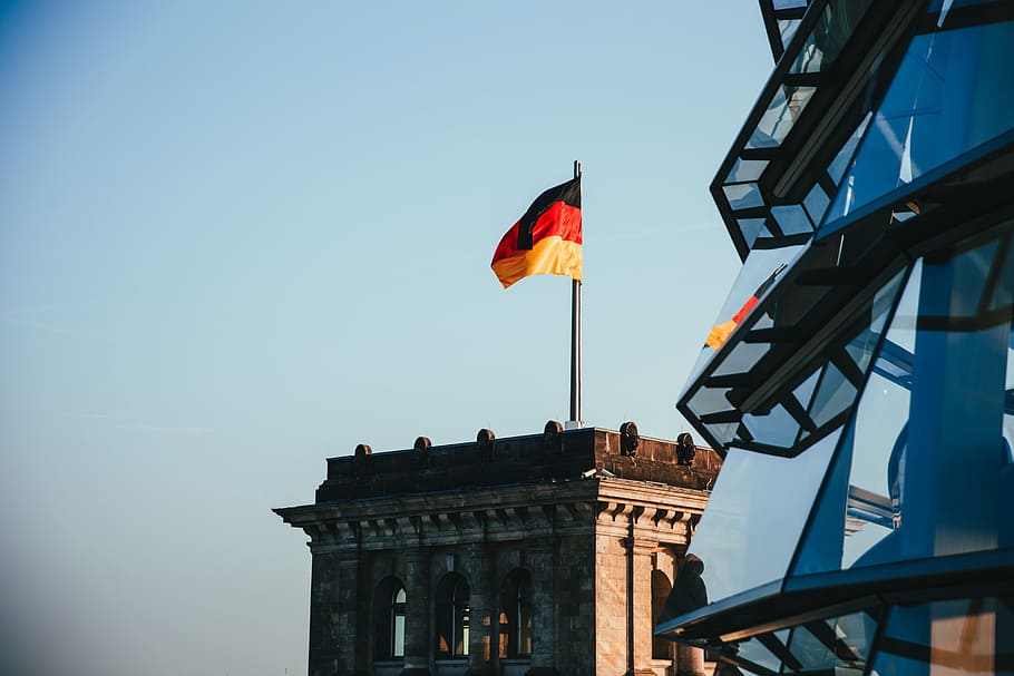 bandera alemana, aleteo, azotea, sol, arquitectura, azul, europa, bandera, volando, alemania