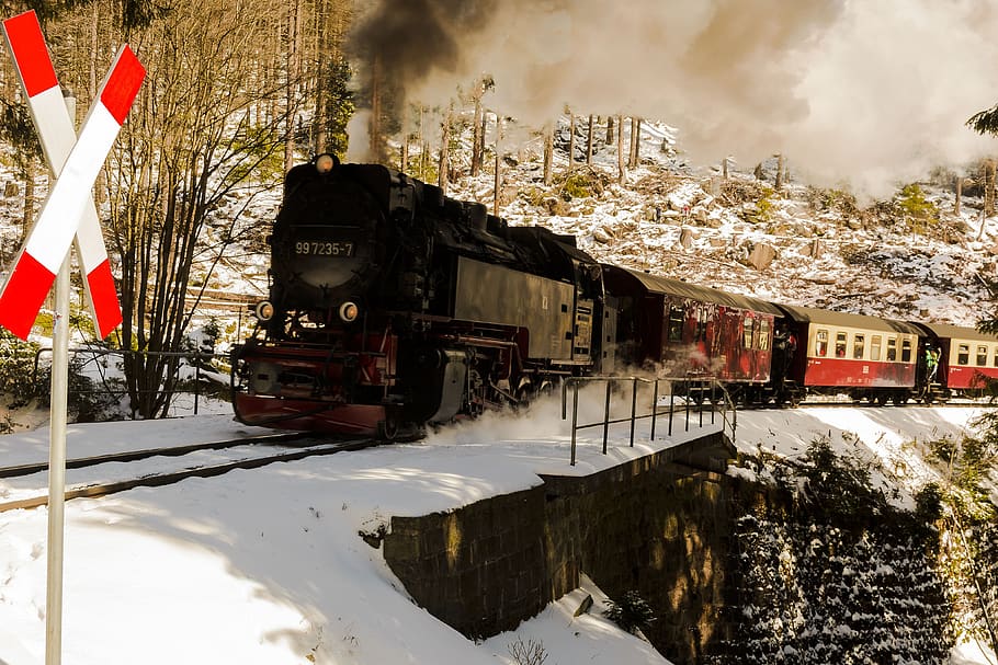 rel sempit, salju, musim dingin, batu besar, resin, lokomotif uap, nostalgia, rel kereta api, perlintasan sebidang, suhu dingin