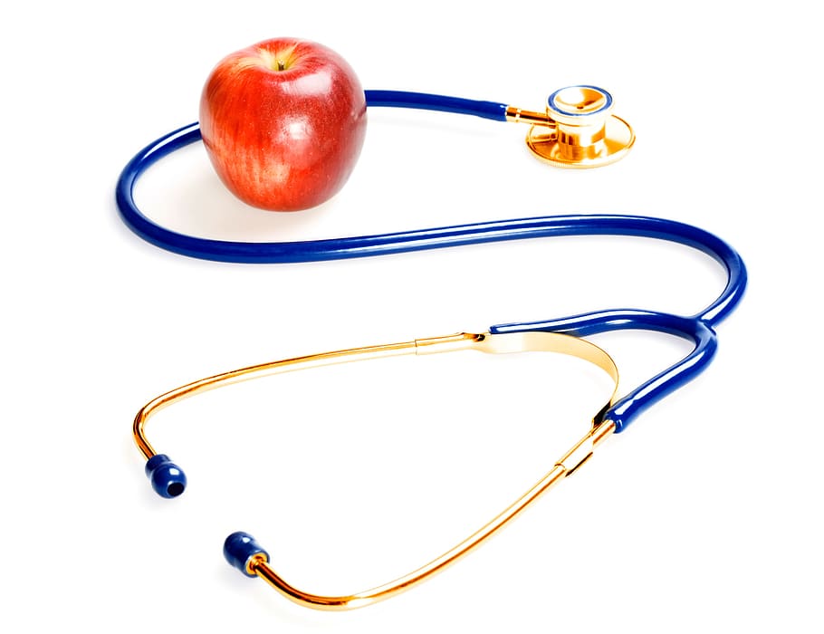 stetoskop, apel, latar belakang, jantung, perawatan, closeup, konsep, konseptual, perangkat, diet