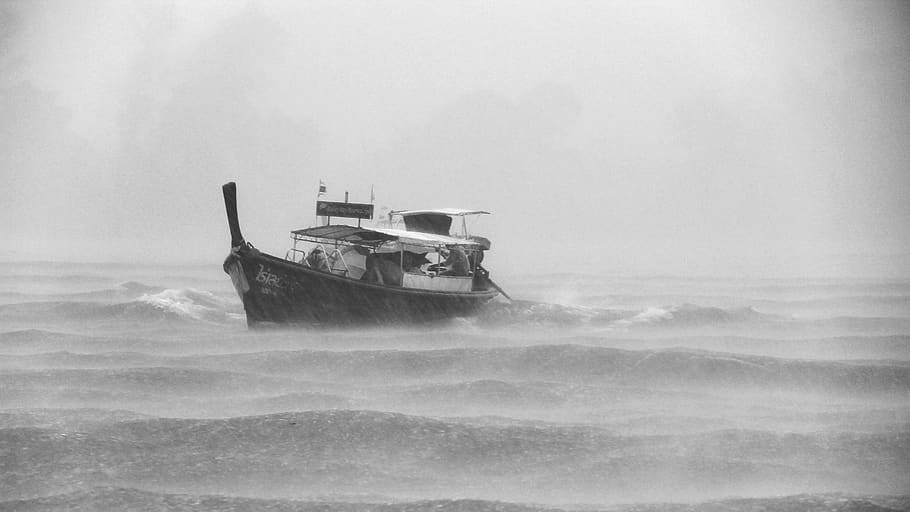 perahu, badai, hujan, kapal, ombak, laut, angin, berangin, hitam dan putih, lingkungan