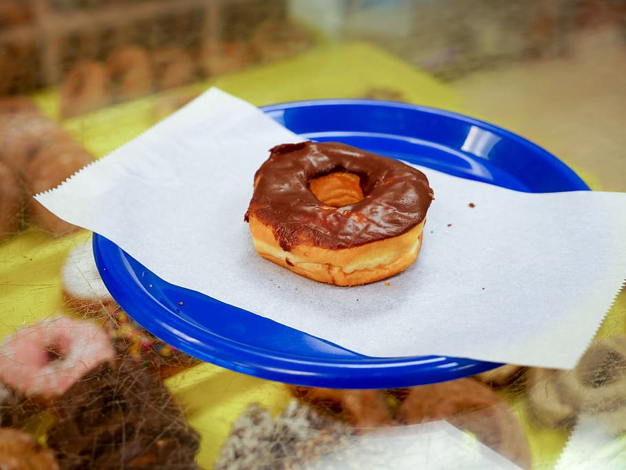 chocolate donut, sitting, blue, plate, shop., bakery, breakfast, calories, chocolate, colorful