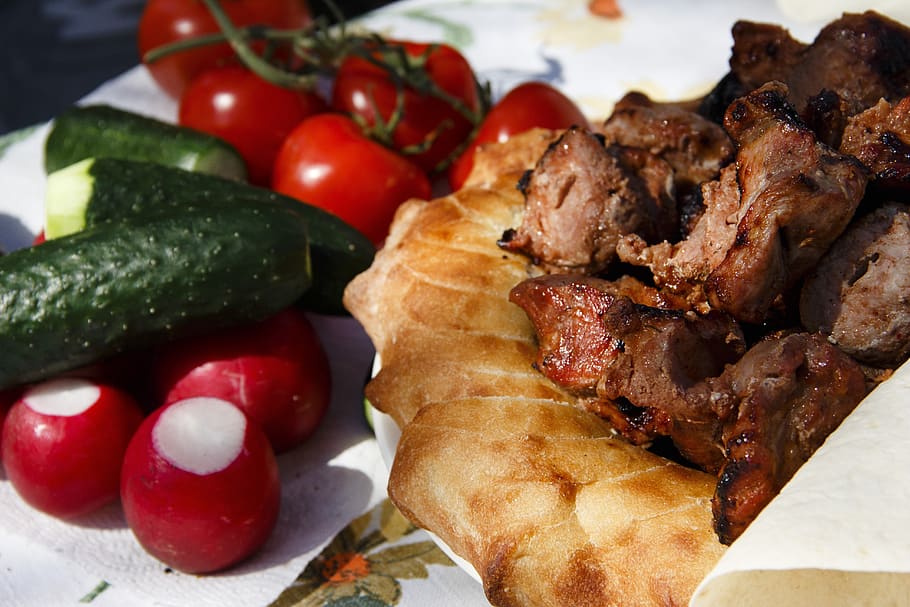 shish kebab, radishes, tomatoes, vegetables, healthy, nutrition, vitamins, fresh, grill, picnic