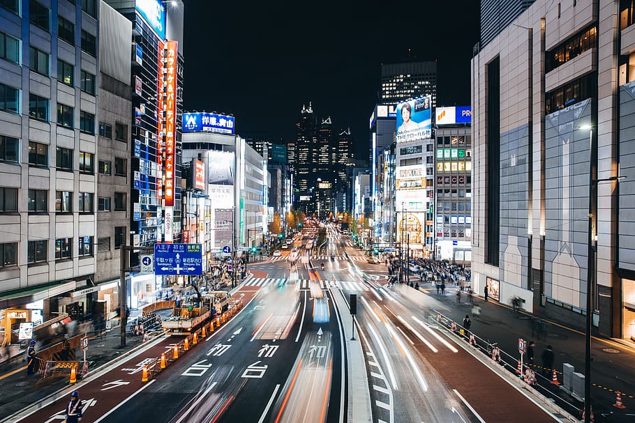 tokyo city, night, light trails, road, architecture, asia, blur, blurred, cityscape, construction