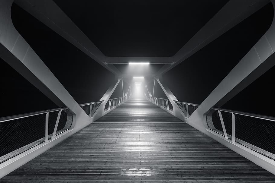 bridge, wood, architecture, lights, dark, night, evening, black and white, direction, the way forward