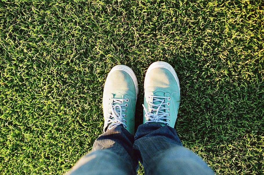 shoes, sneakers, laces, turquoise, jeans, pants, feet, grass, low section, shoe
