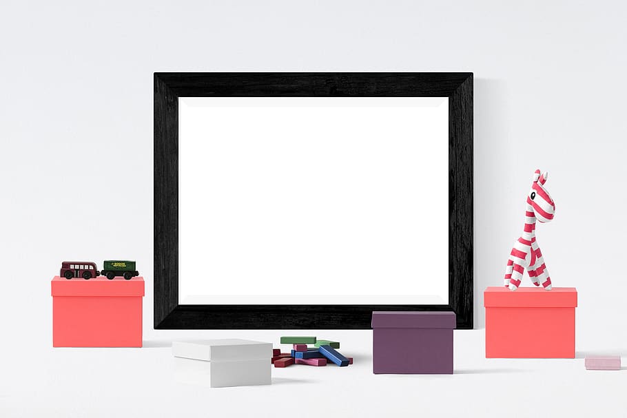 poster, frame, toys, boxes, blank, copy space, technology, computer, white color, white background