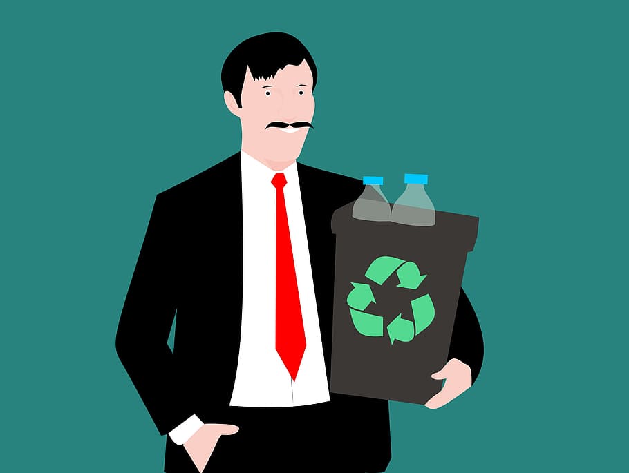 illustration, recycling, -, holding, bin, recycle bin, plastic, aware, awareness, bottle