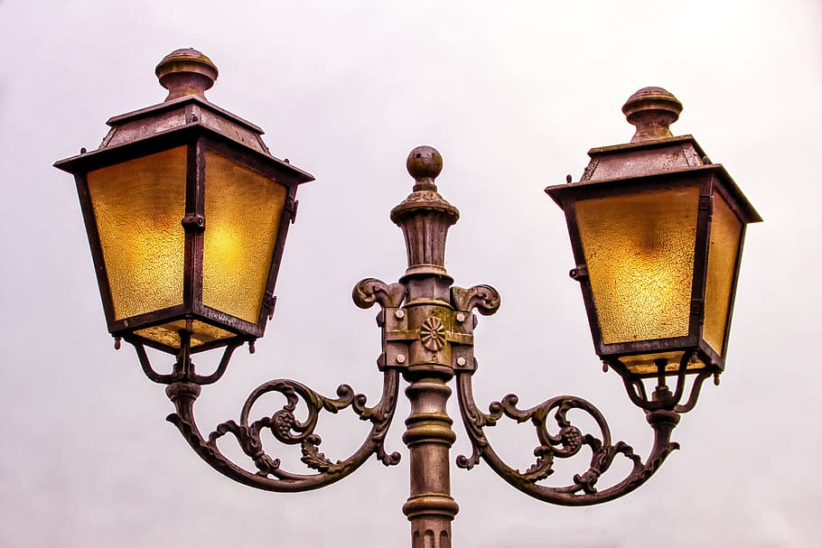 street lamp, lantern, lamp, lighting, wrought iron, ornament, historically, decor, light source, old