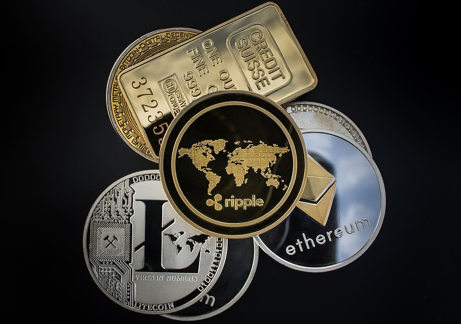cryptocurrency, coin, blockchain, money, ripple, cryptography, gold bar, black background, indoors, finance