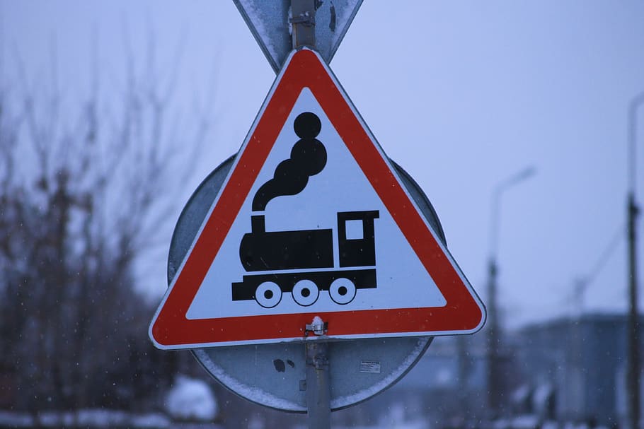 sign, railway, railway crossing, train, carefully, road, road sign, street, winter, symbol