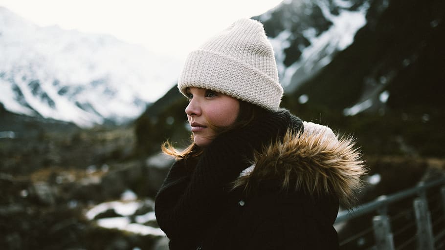 woman, looking, parka, hat, mountains, adult, female, young, attractive, standing