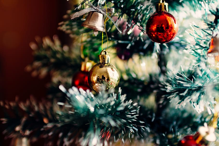 Natal, pohon, ornamen, dekorasi, lonceng, meriah, liburan, perayaan, dekorasi natal, pohon natal