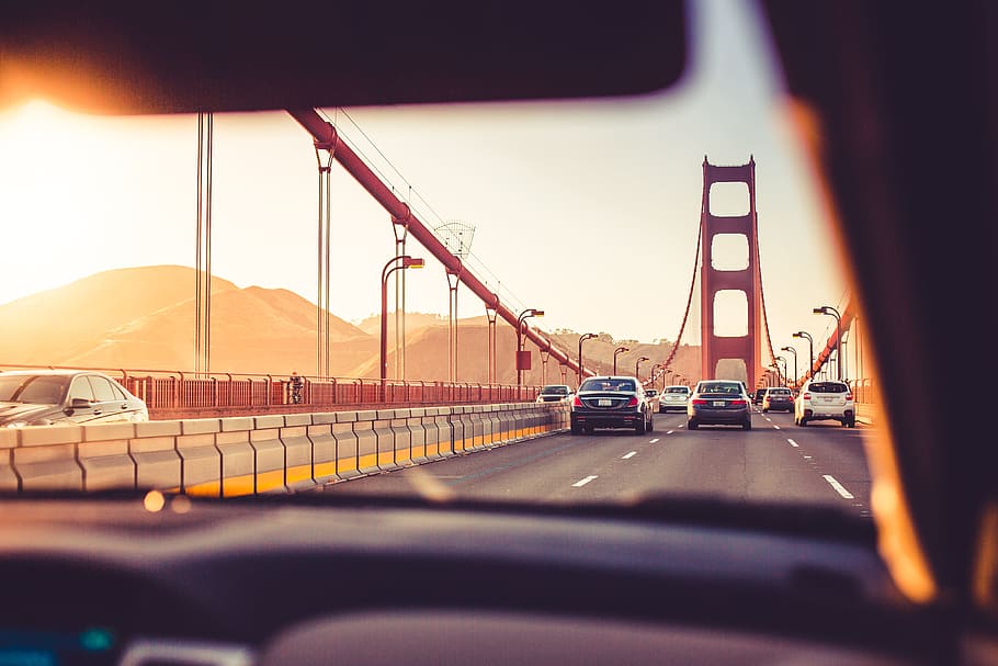 condução, dourado, ponte do portão, pôr do sol, ponte, califórnia, carros, dirigir, motorista, rodovia