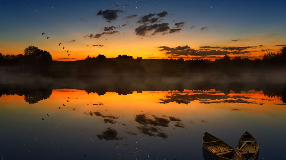 lake, sunset, boats, birds, autumn, rest, twilight, milky way, night, sky