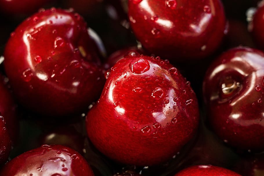 cherries, fruits, food, water, droplets, pile, red, food and drink, healthy eating, fruit