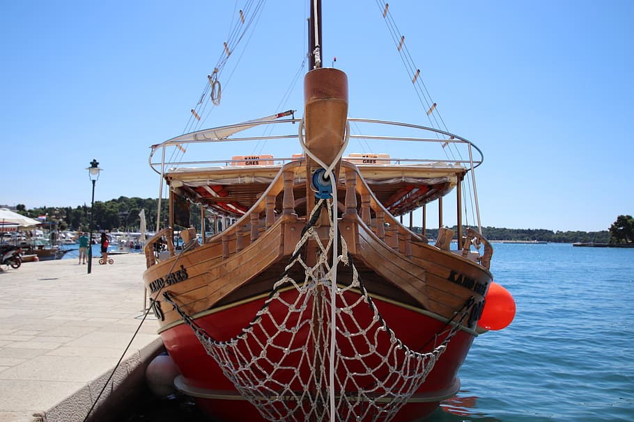 croatia, boat, pirate boat, dock, rovinj, boat tour, nautical vessel, mode of transportation, water, sky