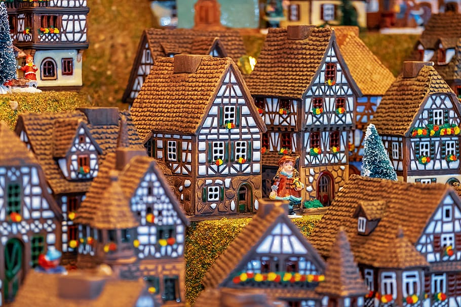 motivo navideño, edificio, fachwerkhäuser, miniatura, porcelana, históricamente, adviento, tiempo de navidad, romántico, humor