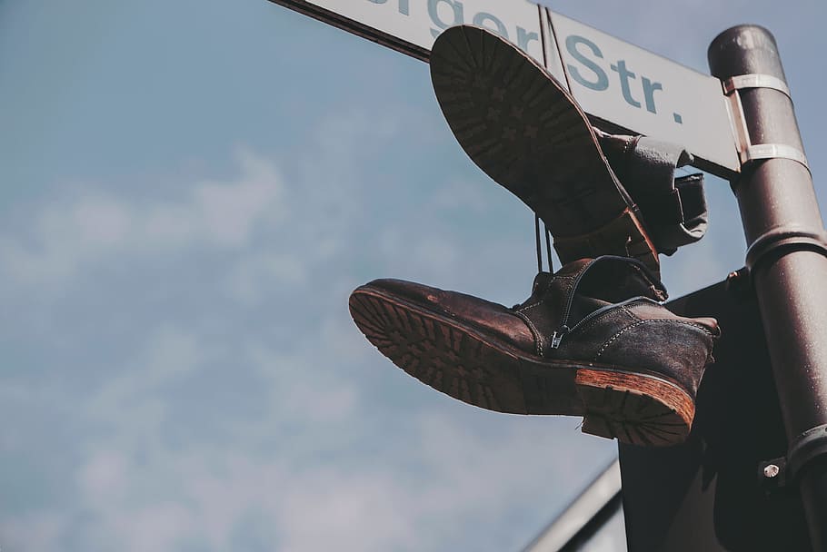 clouds, sky, street, sign, shoe, footwear, hang, low angle view, day, transportation