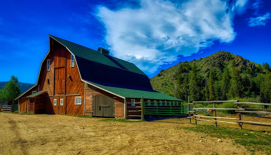 wyoming, america, barn, wooden, mountains, hdr, landscape, ranch, farm, forest