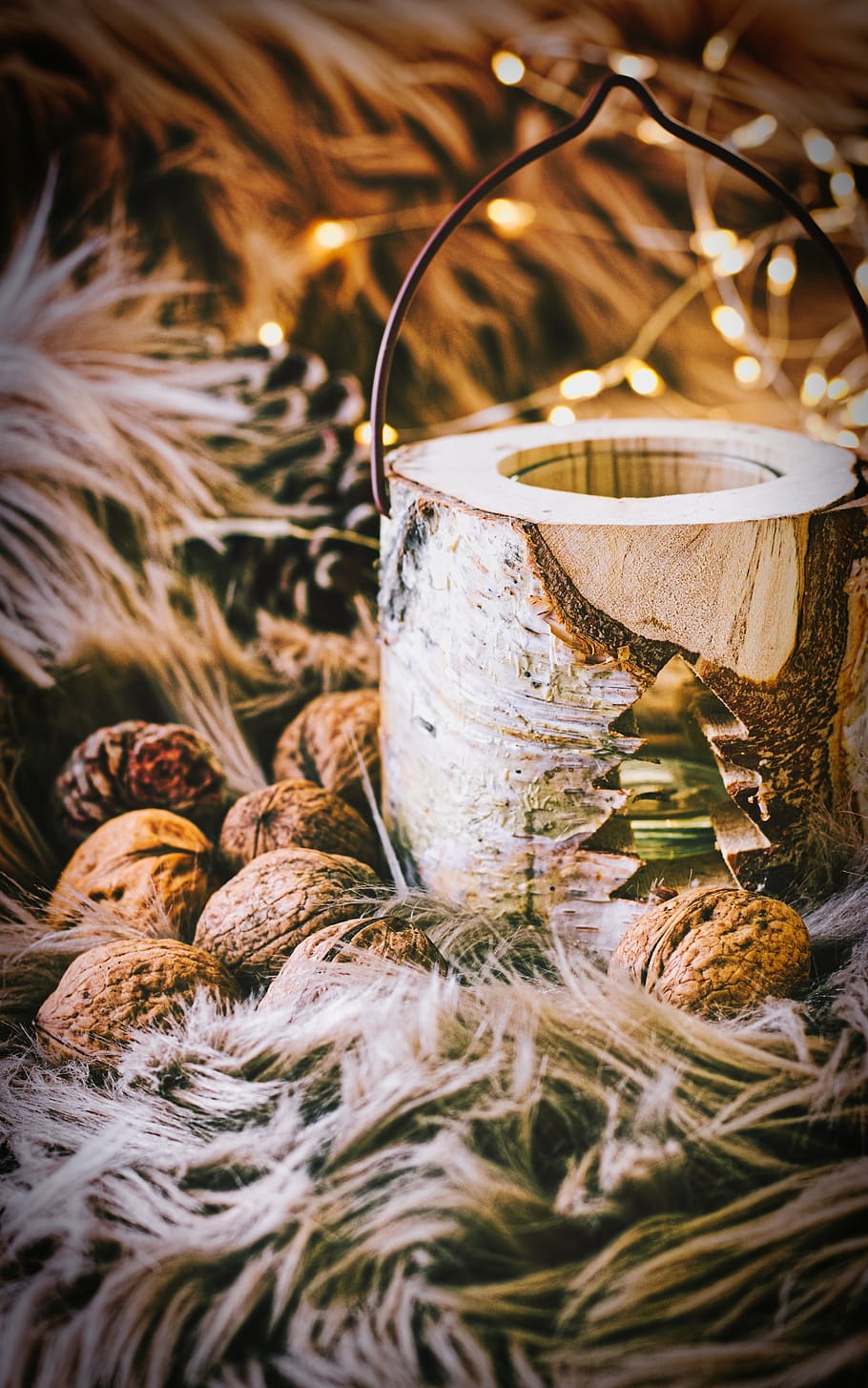 fur, lights, pine cones, christmas, mood, winter, coziness nuts, wine eight decoration, christmas motif, greeting card