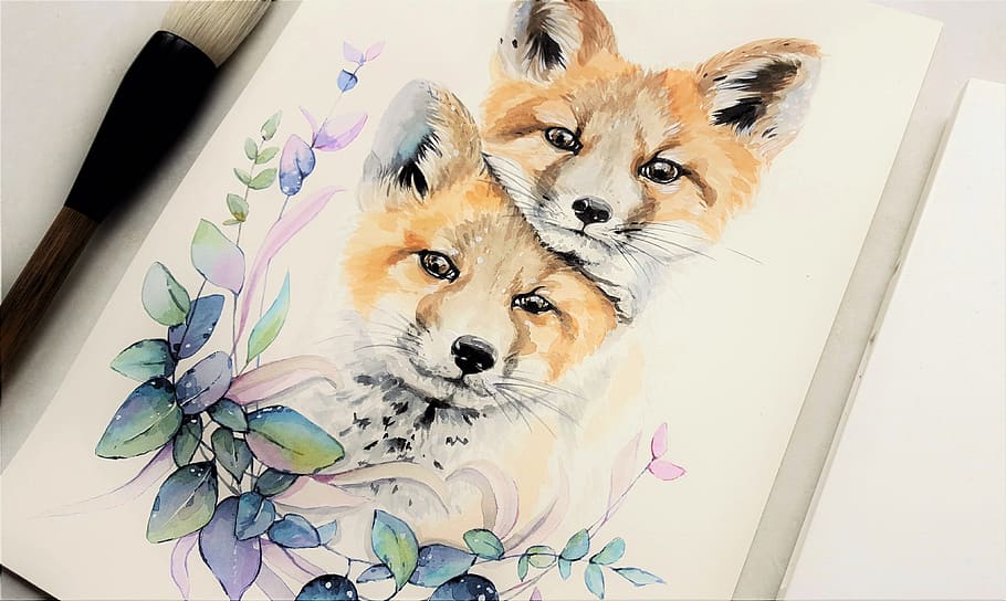 art, painting, fox, chick, líšča, flowers, eucalyptus, brush, paper, colors