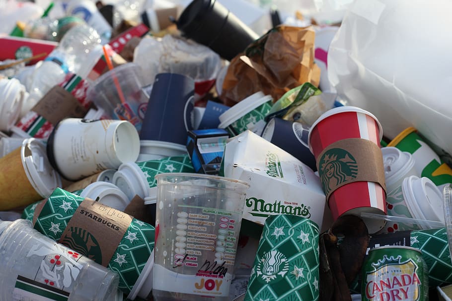 coffeetogo, disposable cups, pollution, plastic, trash mountain, garbage, coffee mugs, coffee, cup, fast food