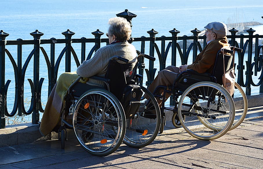 couple, handicap, wheelchair, elderly person, transportation, sitting, nature, adult, full length, people