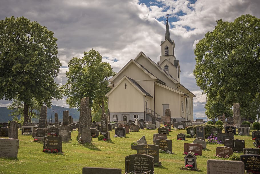 iglesia, cementerio, tumba, verano, telemark noruega, bø, religión, espiritualidad, arquitectura, nube - cielo