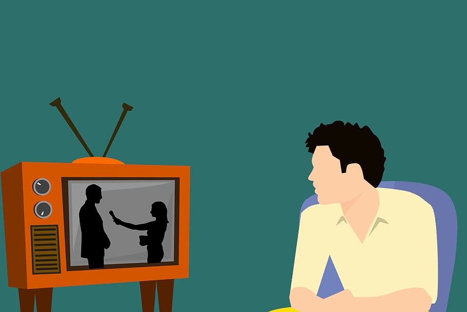 illustration, man, watching, television, watches, tv, lifestyle, home, technology, interior