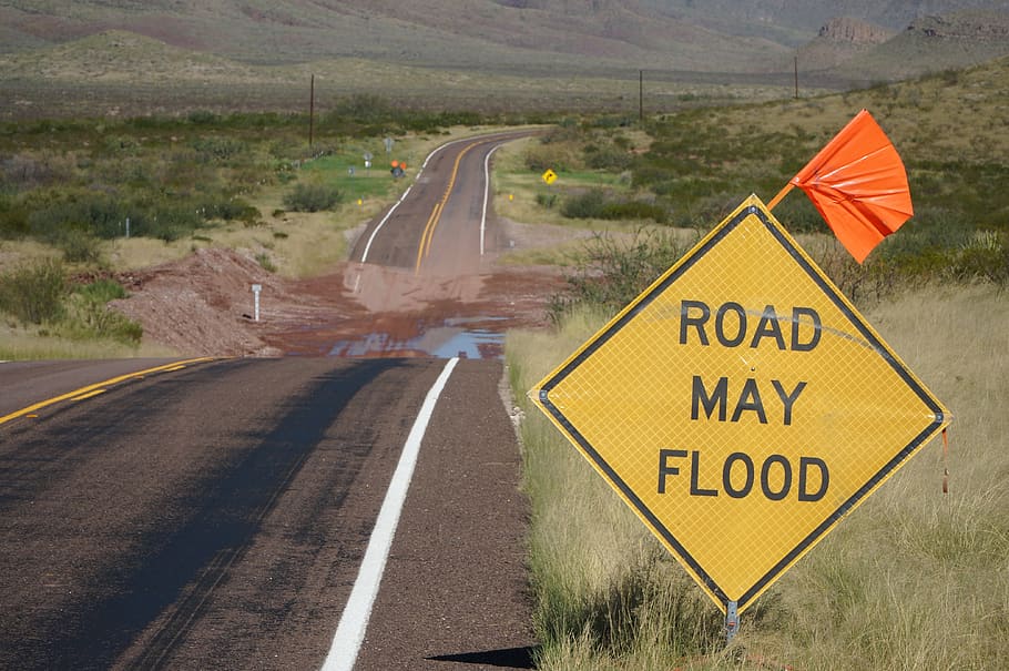 road, highway, traffic, transportation system, travel, flood, safety, sign, caution, danger