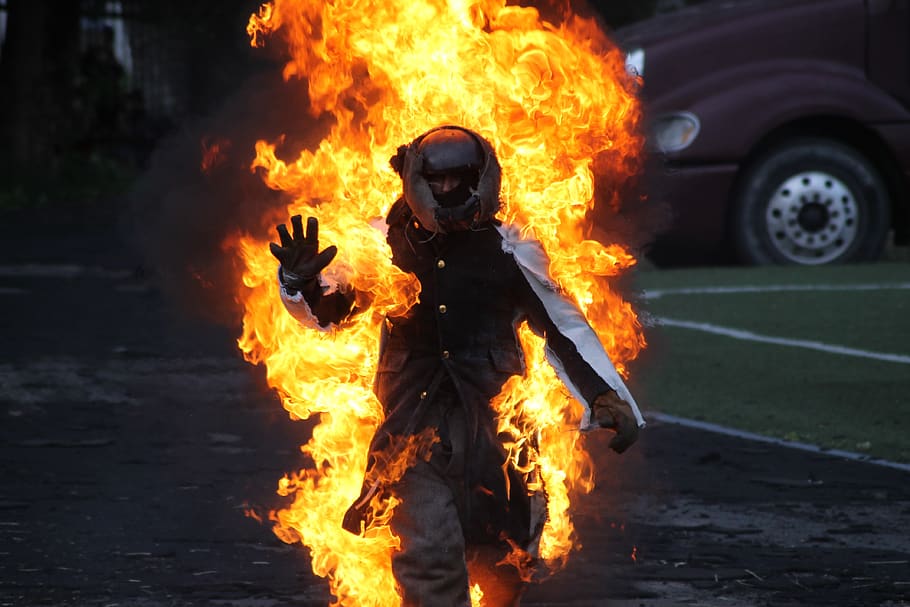 stuntman, man, trick, dangerous, fire, extreme, show, flame, protective suit, burning