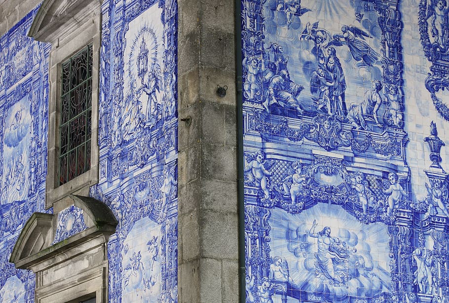 portugal, porto, church, tile, panting, facade, wall, corner, built structure, architecture