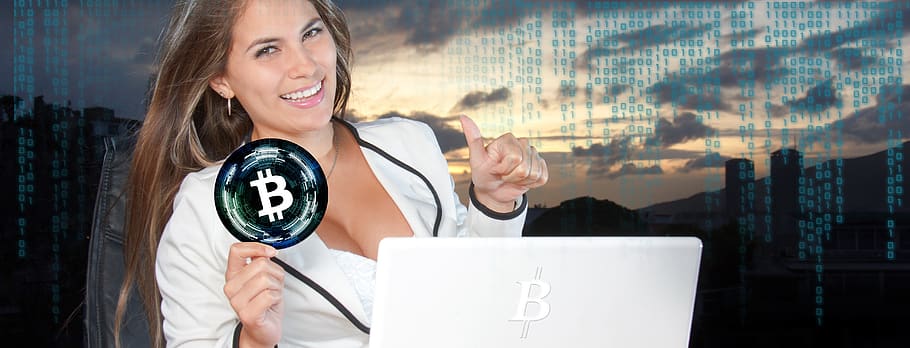 bitcoin, crypto-currency, mata uang, rantai blok, wanita, pengusaha, ibu jari, tinggi, poaitiv, menulis ulasan